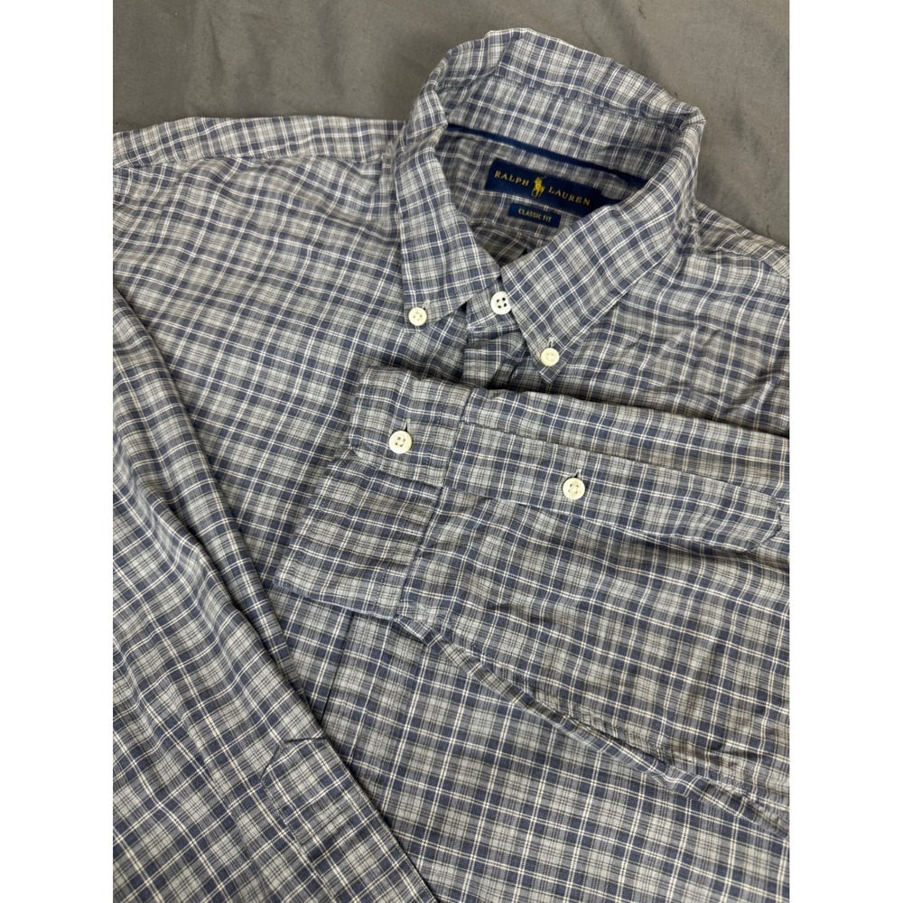 Ralph Lauren Classic Fit Plaid Button Down Shirt Mens Blue Grey Long Sleeve - Picture 1 of 16